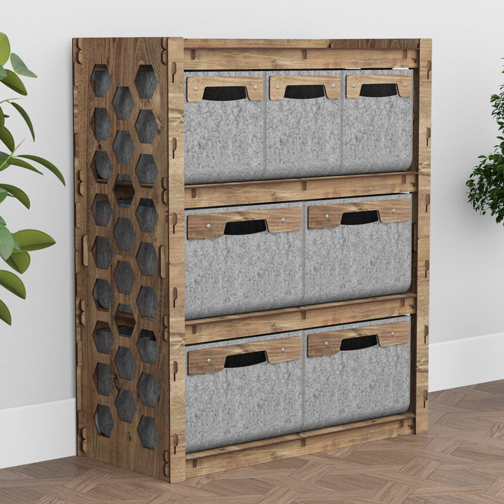 Hexagonica Комод на 7 ящиков серые корзинки Honeycomb 3М+4В (900В х 750Ш х 345Г)