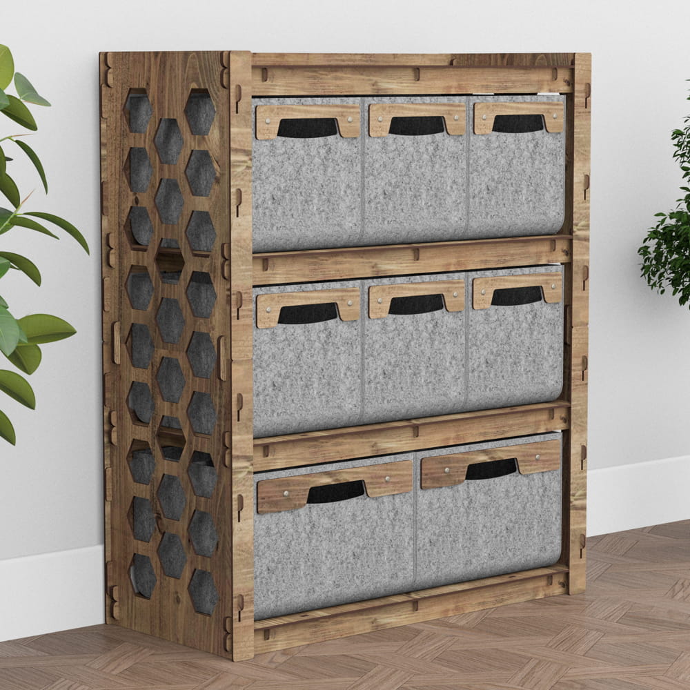 Hexagonica Комод на 8 ящиков серые корзинки Honeycomb 6М+2В (900В х 750Ш х 345Г)