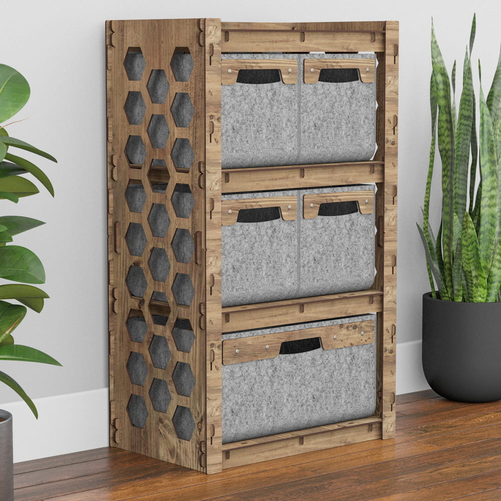 Hexagonica Комод на 5 ящиков серые корзинки Honeycomb 4М+1В (900В х 528Ш х 345Г)