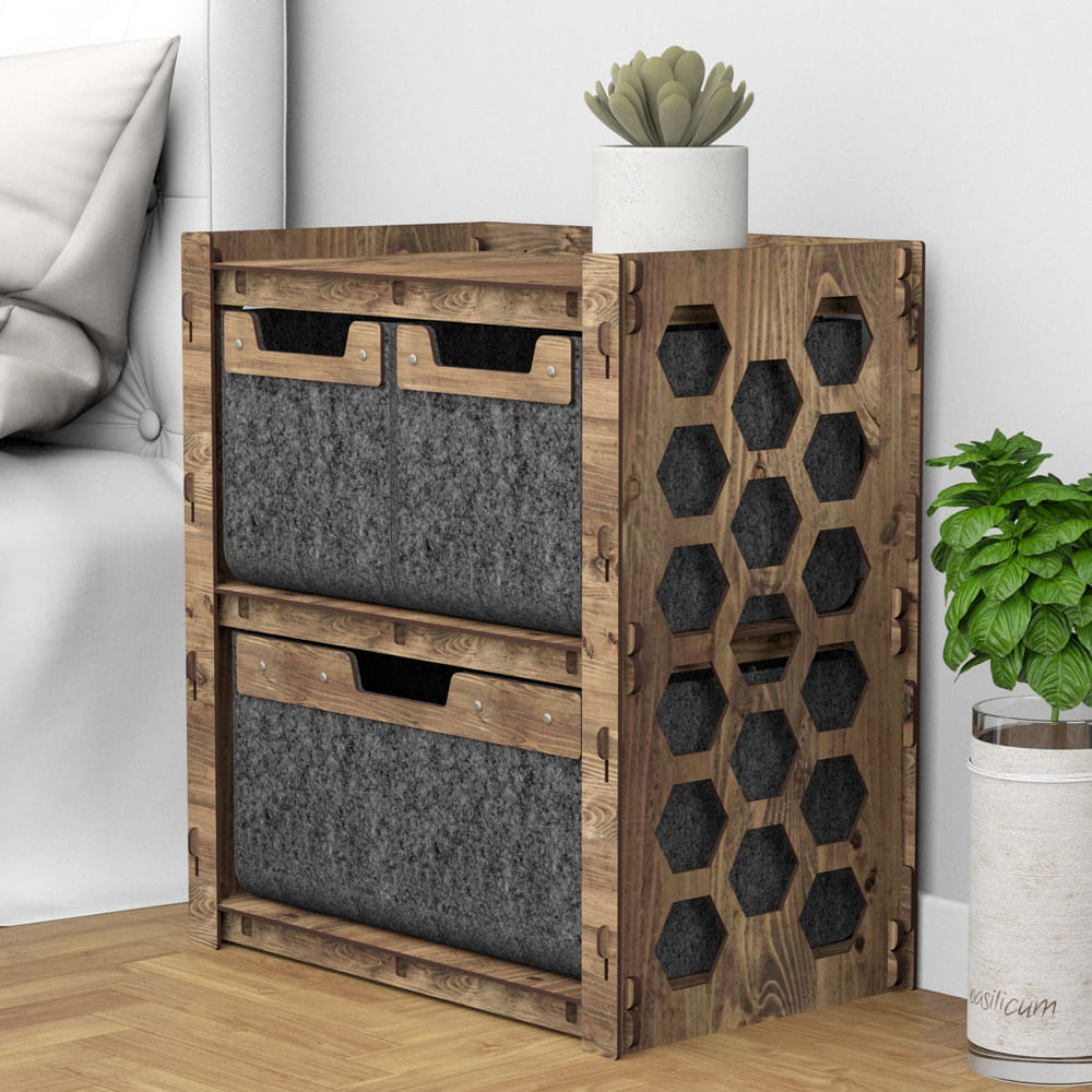 Hexagonica Прикроватная Тумба Honeycomb на 3 ящика черные корзинки 2М+1В (600В х 528Ш х 345Г)