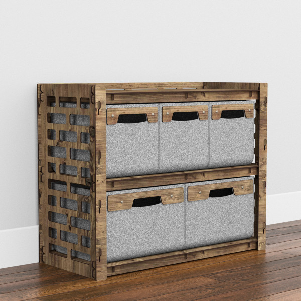 Hexagonica Низкий Комод на 5 ящиков серые корзинки Brickwall 3М+2В (600В х 750Ш х 345Г)